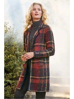Soft Surroundings Plaid Open Front Jacket Coat Duster Pockets M Sweater Cardigan